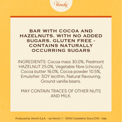 Venchi No Added Sugar Dark Hazelnut Bar close-up shows cocoa and hazelnuts