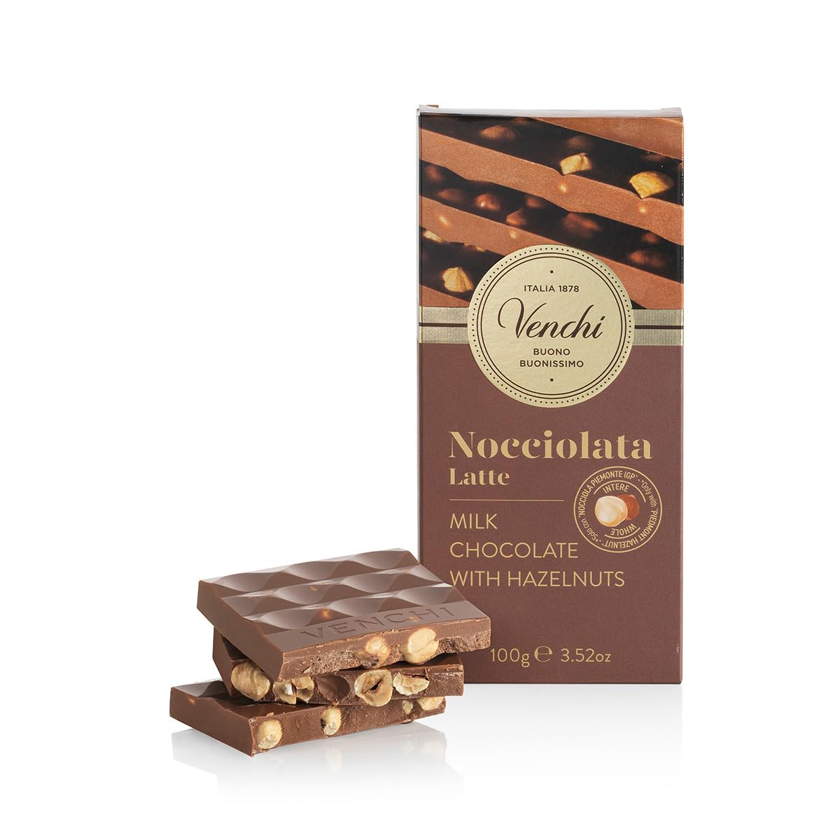 Venchi Nocciolata milk chocolate bar with whole hazelnuts for a rich snack.