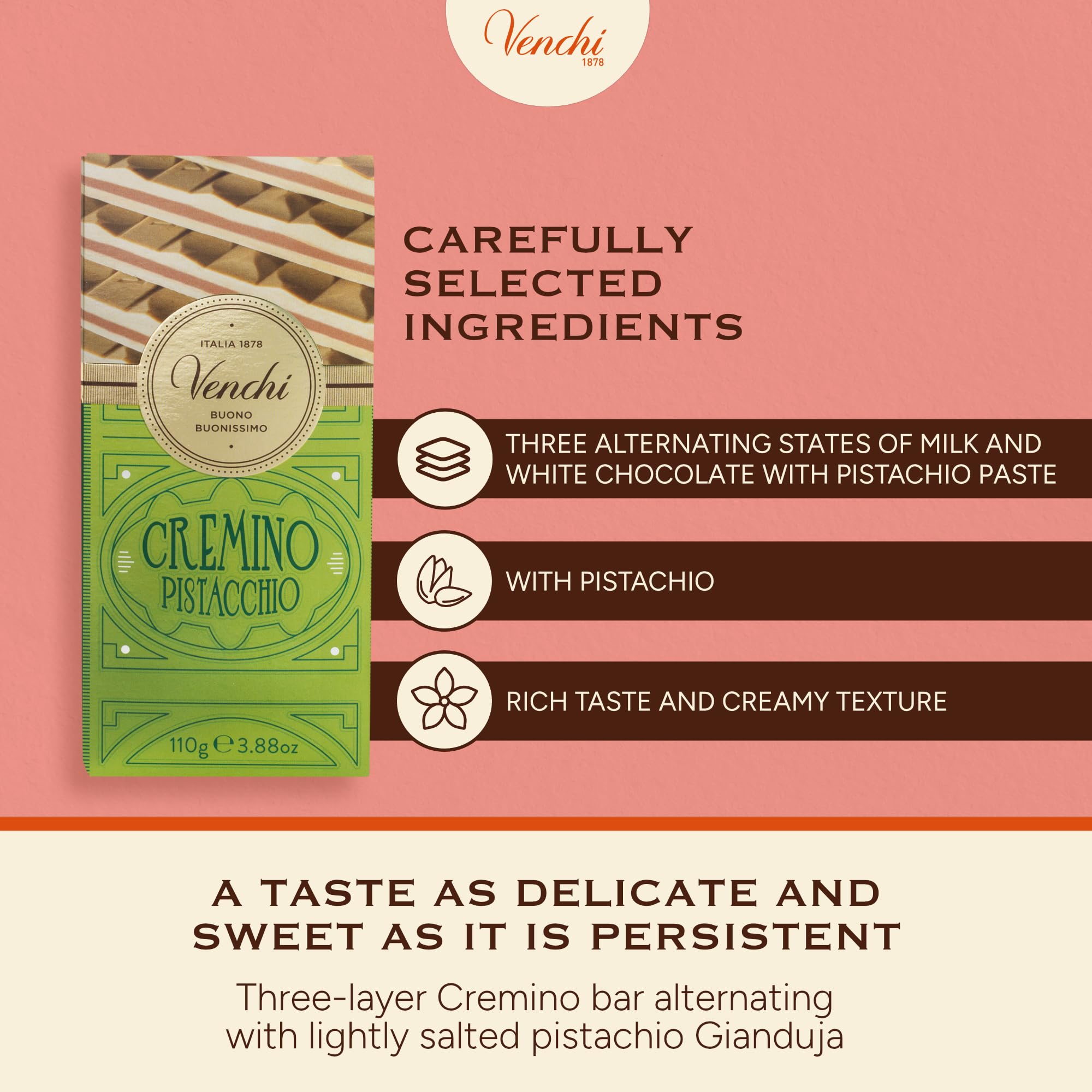 Venchi Pistachio Cremino Bar cross-section reveals layered gianduja textures