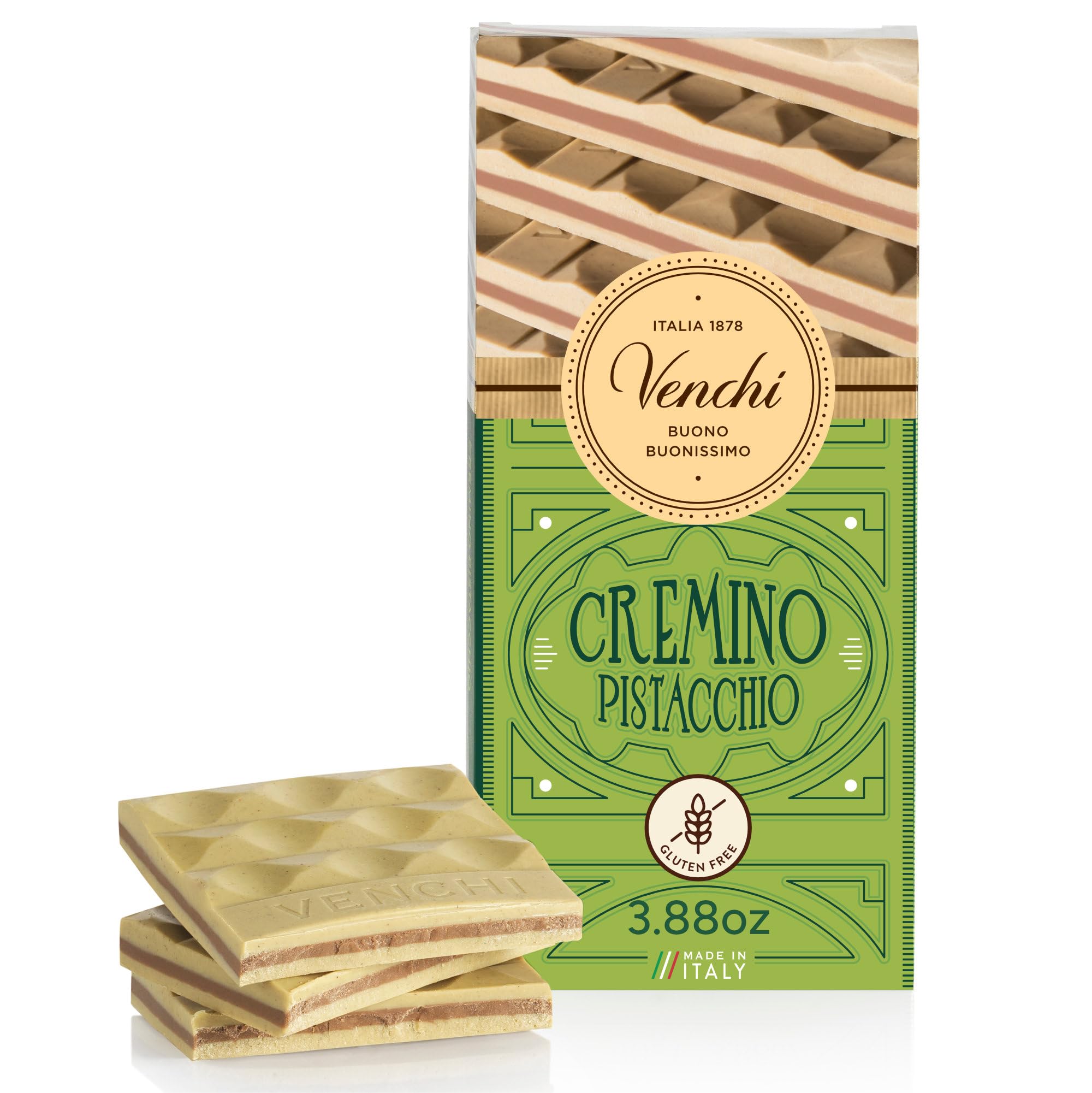 Venchi Pistachio Cremino Bar full view shows three creamy layers