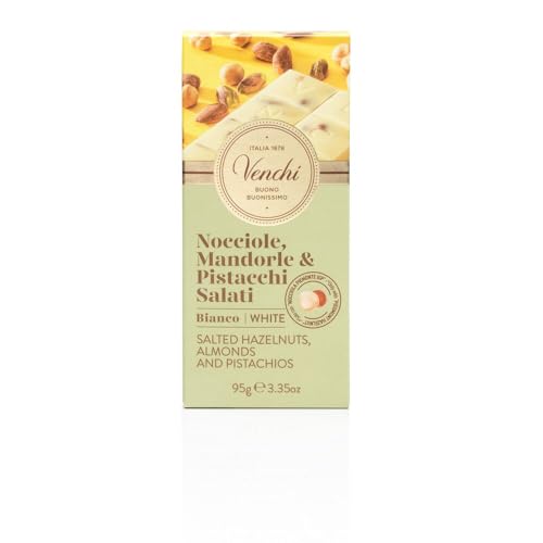 Venchi white chocolate cross-section showing creamy center with pistachios and almonds.