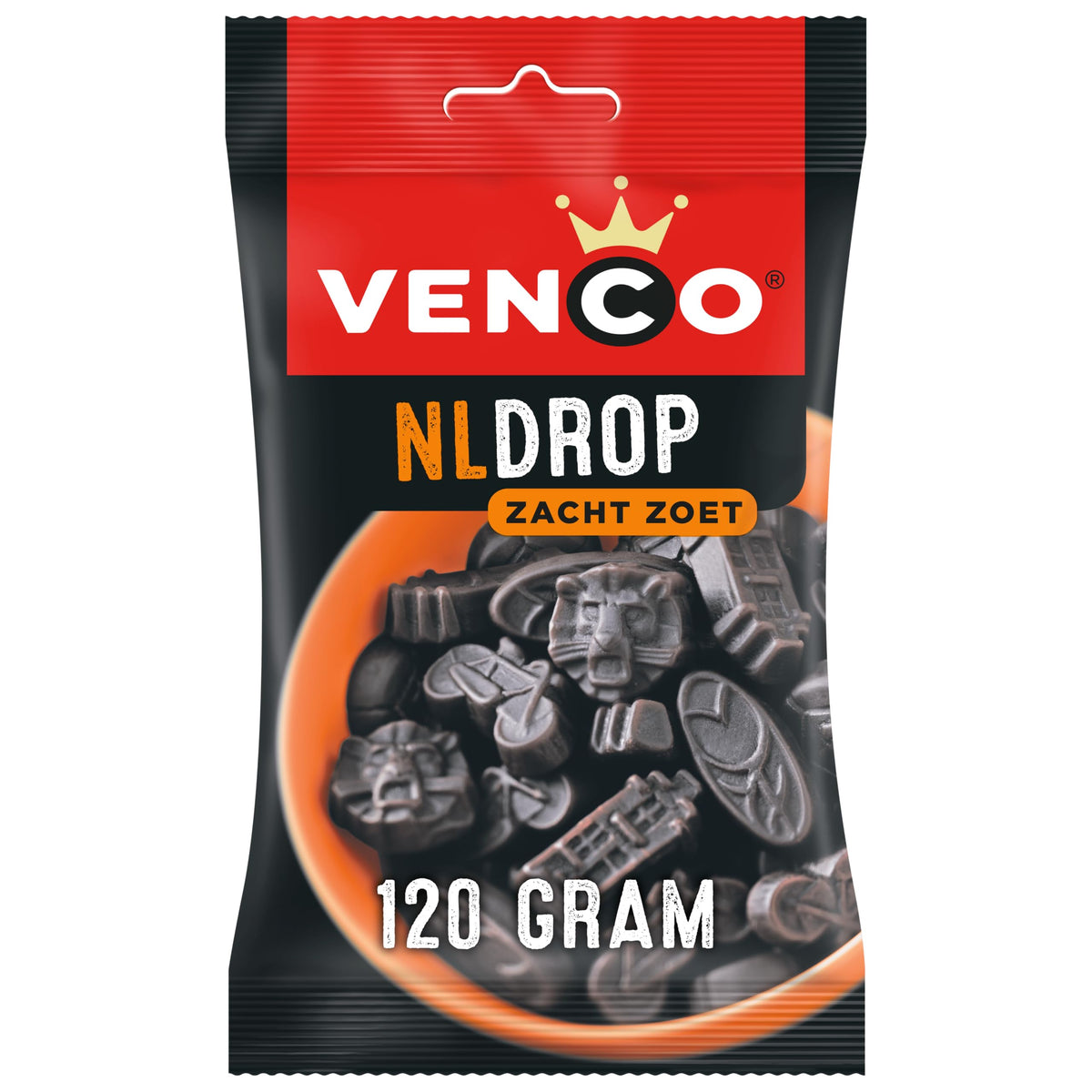 Venco NL Drop black licorice bag front view, a bold, chewy snack.