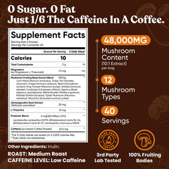 Venture Pal 12-mushroom blend ingredients showing immune support and energy potential.
