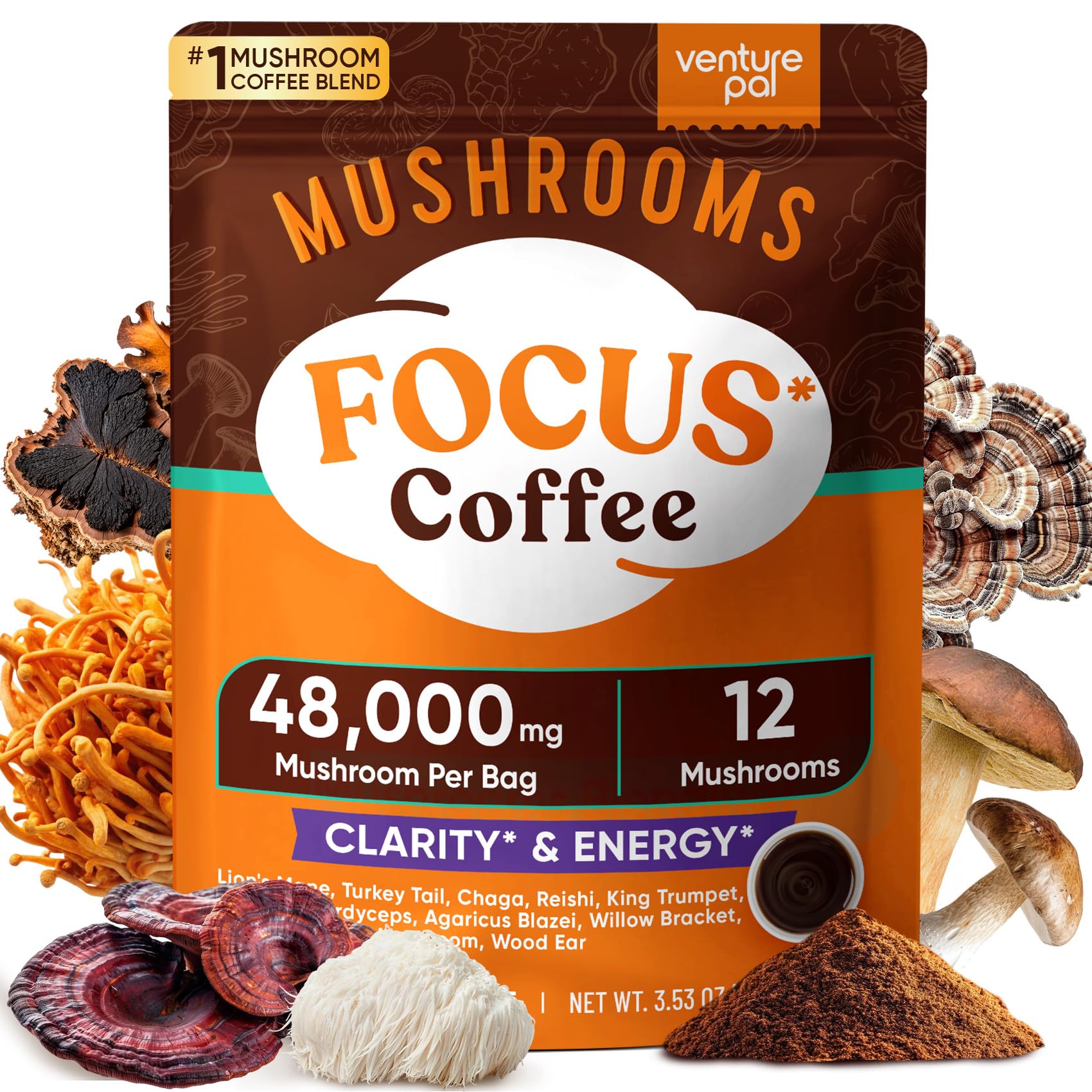 Venture Pal Focus Coffee bag with 12-mushroom blend for enhanced focus.