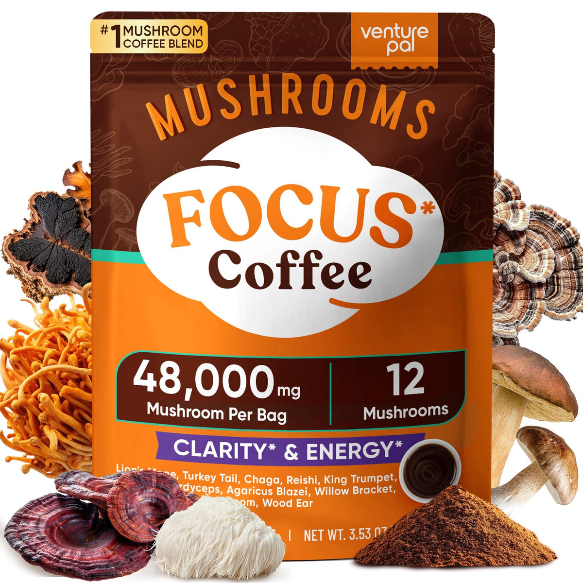 Venture Pal Focus Coffee bag with 12-mushroom blend for enhanced focus.