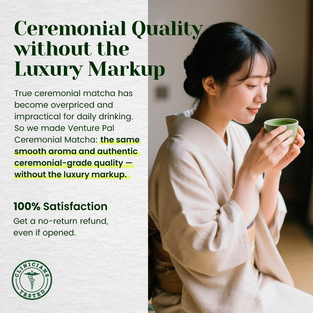 Venture Pal matcha in a mug with frothy green layer.