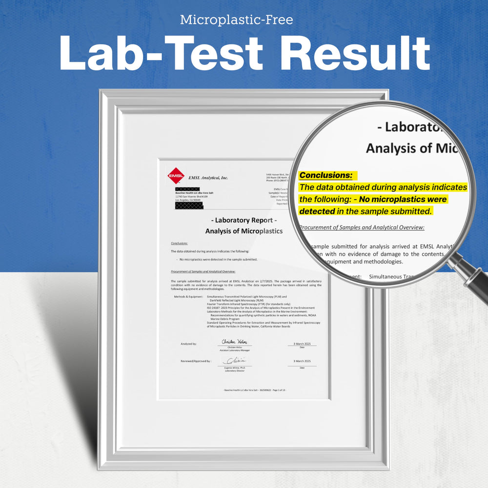 VERA SALT third-party tested for microplastics and metals, verifying purity.