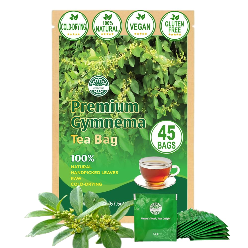 VerdiVibe Gymnema Tea Bags closeup leaves, pesticide-free and naturally fragrant.