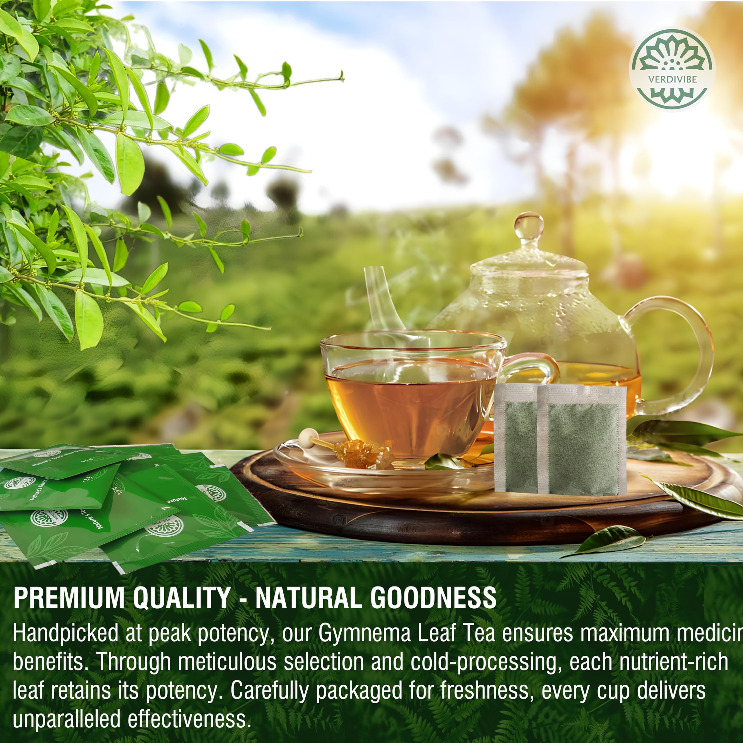 VerdiVibe Gymnema Tea Bags packaging box highlighting freshness and convenience.