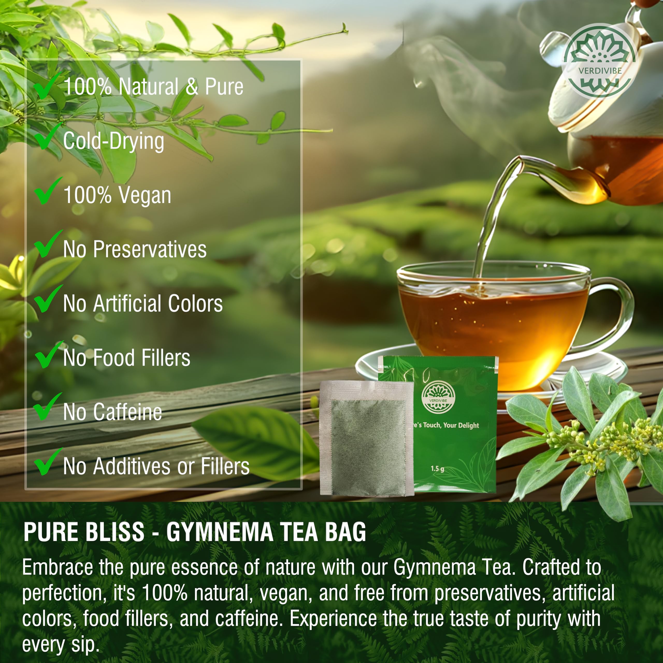 VerdiVibe Gymnema Tea Bags array of six bags ready for brewing.