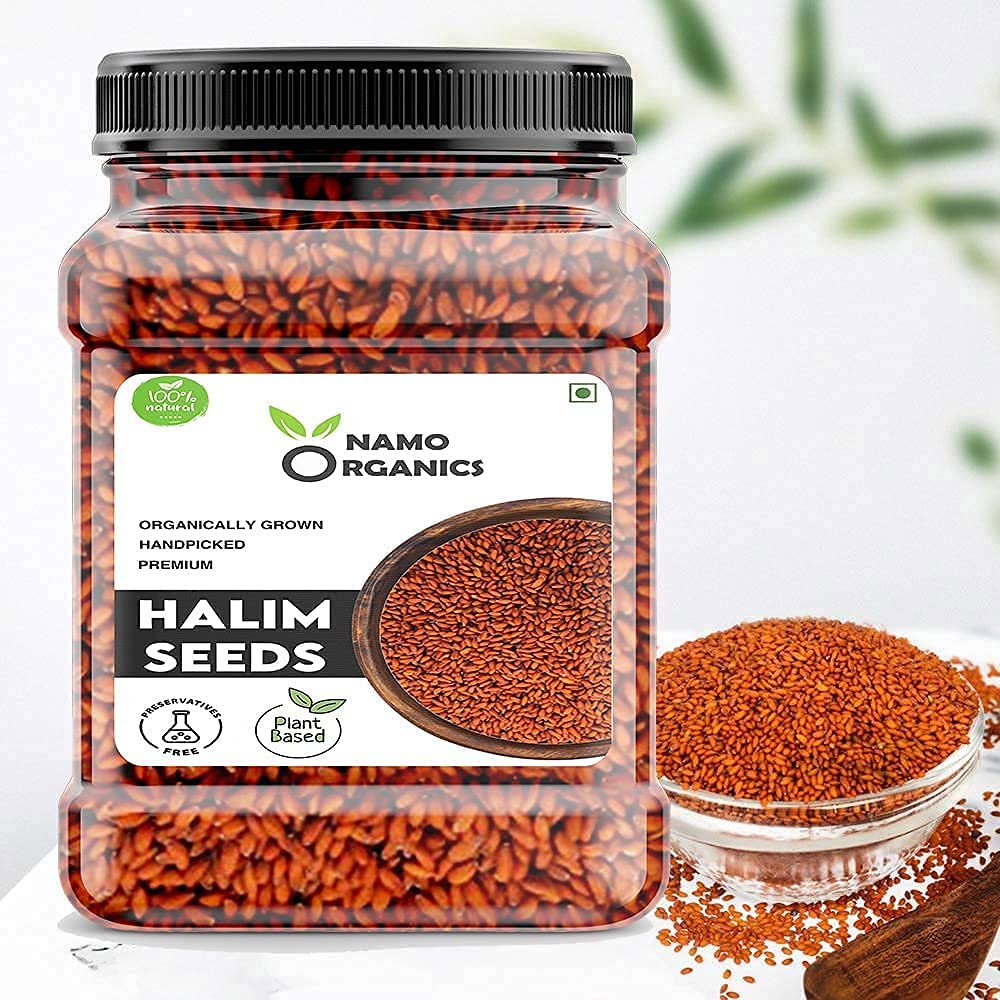 Verem Namo Organics Halim seeds in a glass jar, raw and organic.