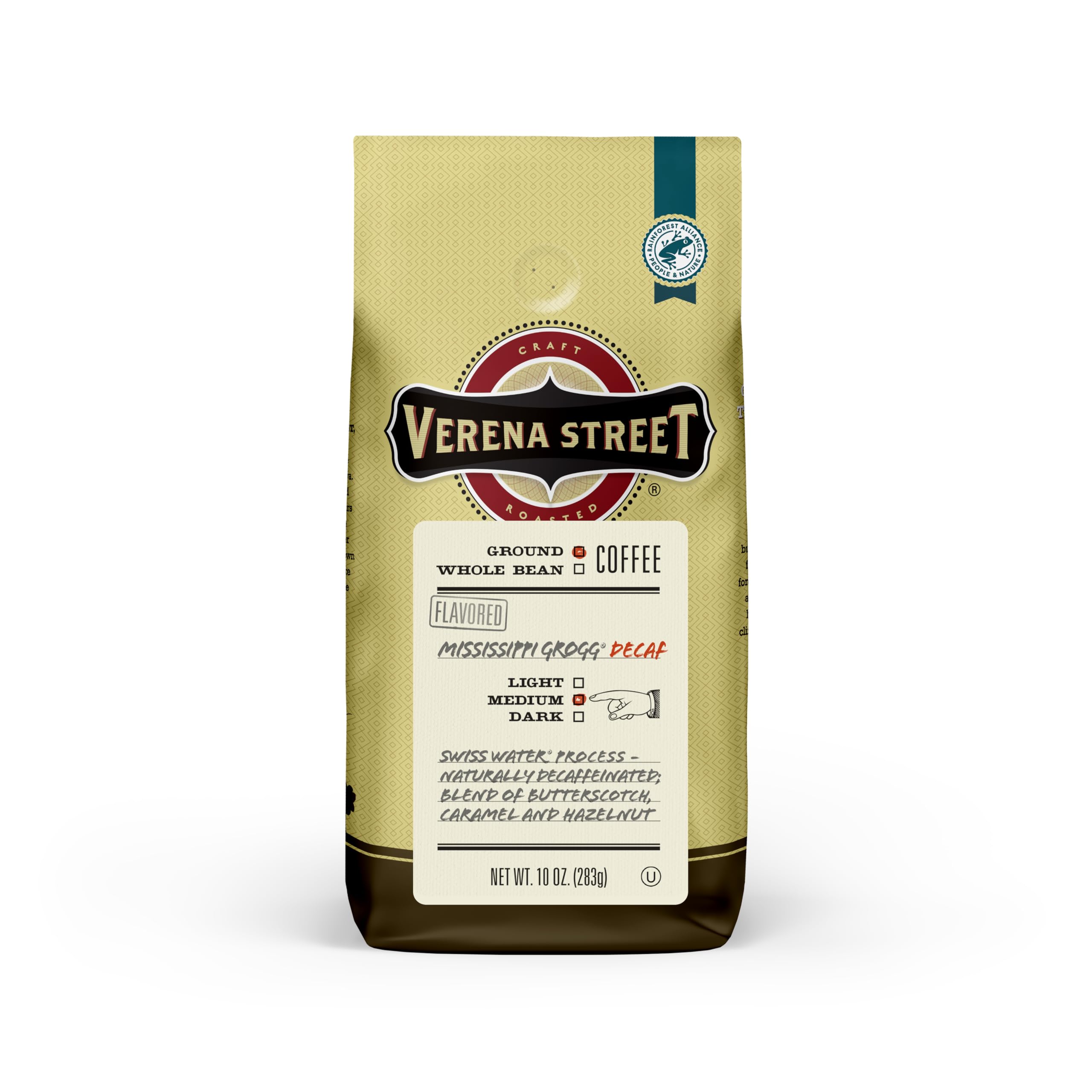 Verena Street 10-ounce ground coffee with Swiss Water decaf for anytime enjoyment.