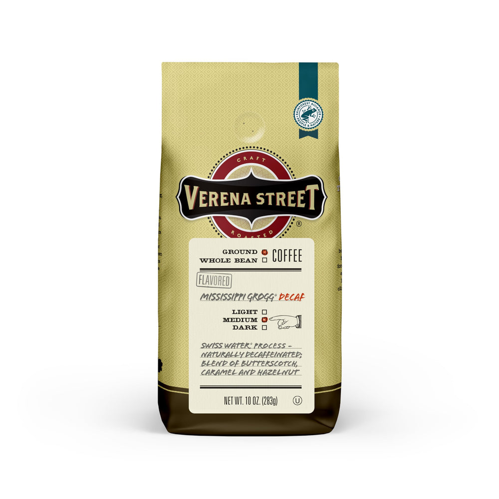 Verena Street 10-ounce ground coffee with Swiss Water decaf for anytime enjoyment.