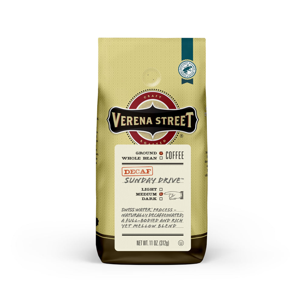 Verena Street Sunday Drive decaf coffee 11 oz ground with inviting aroma for relaxed mornings.