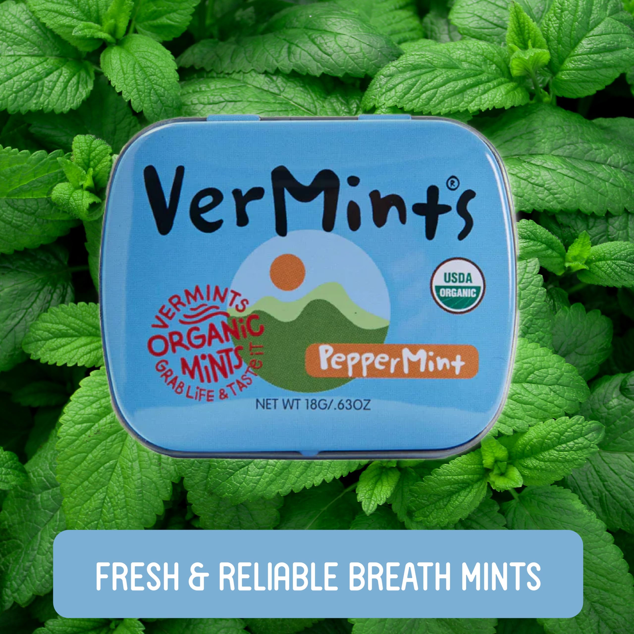 Vermints organic peppermint leaves highlighted on a clean label.