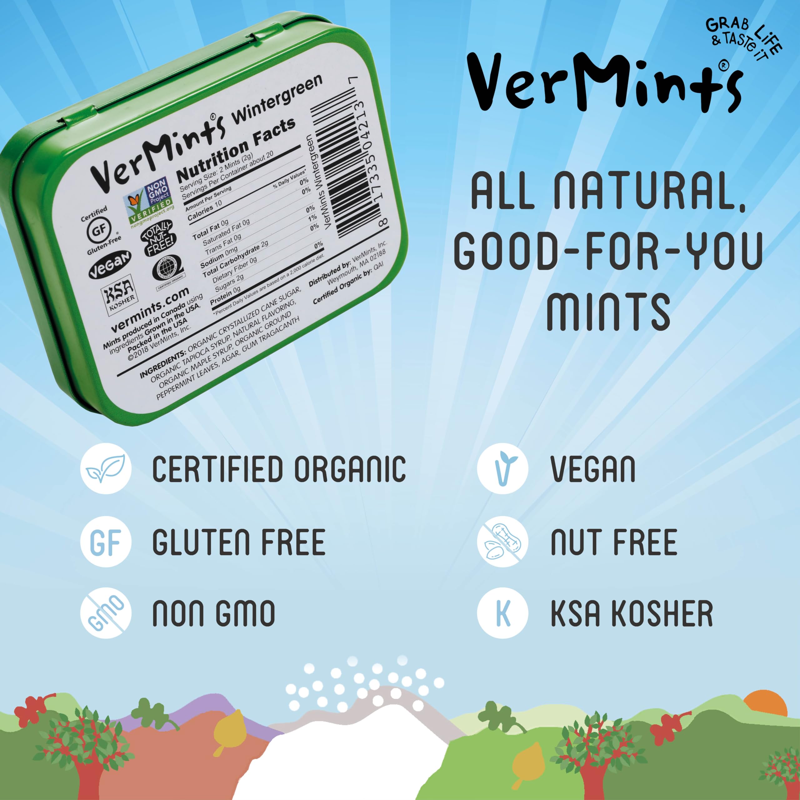 Vermints organic leaves and mint candies on display.