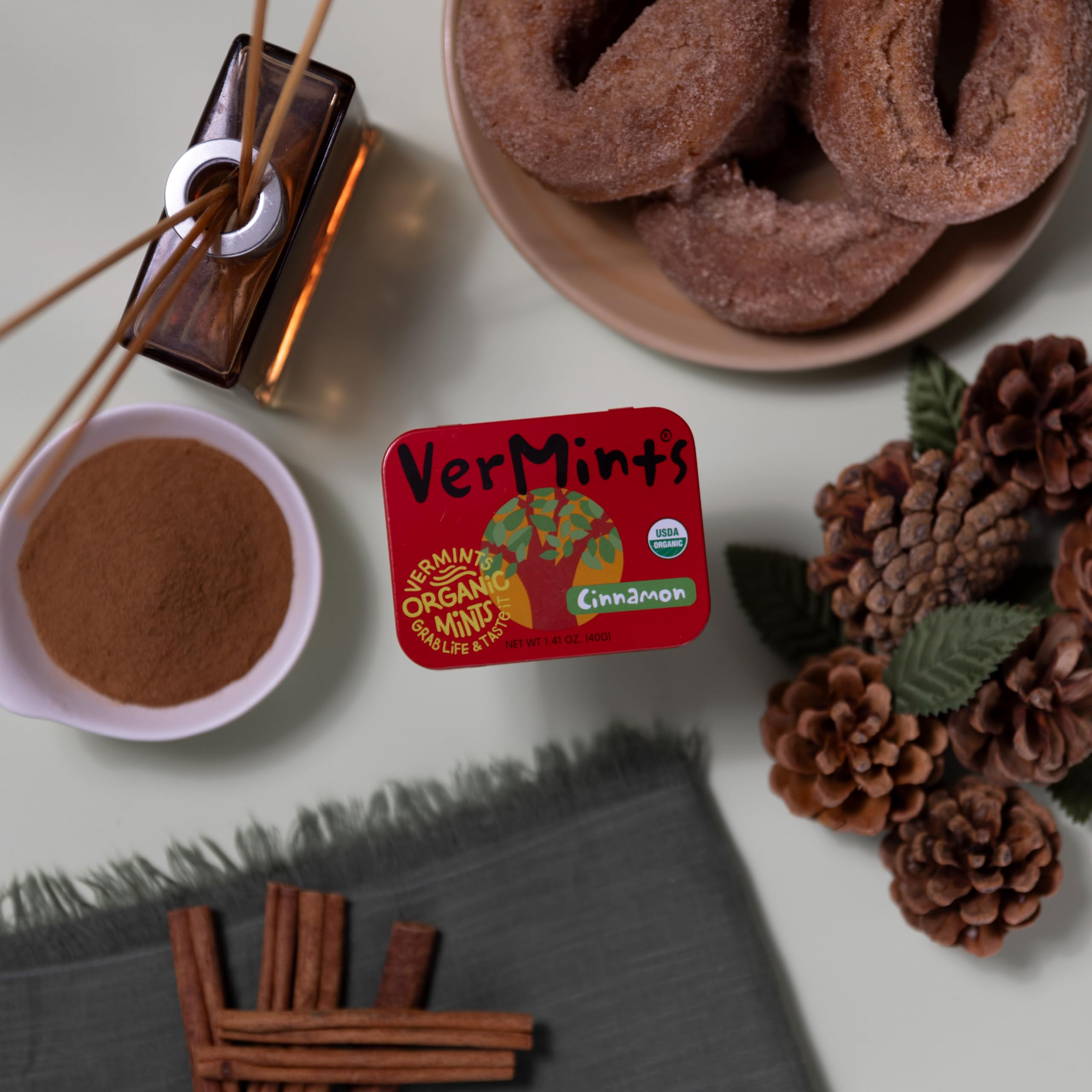 Swirl texture and inviting aroma of VerMints Cinnamon mints.
