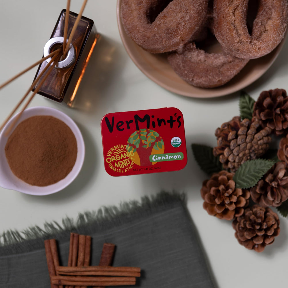 Swirl texture and inviting aroma of VerMints Cinnamon mints.