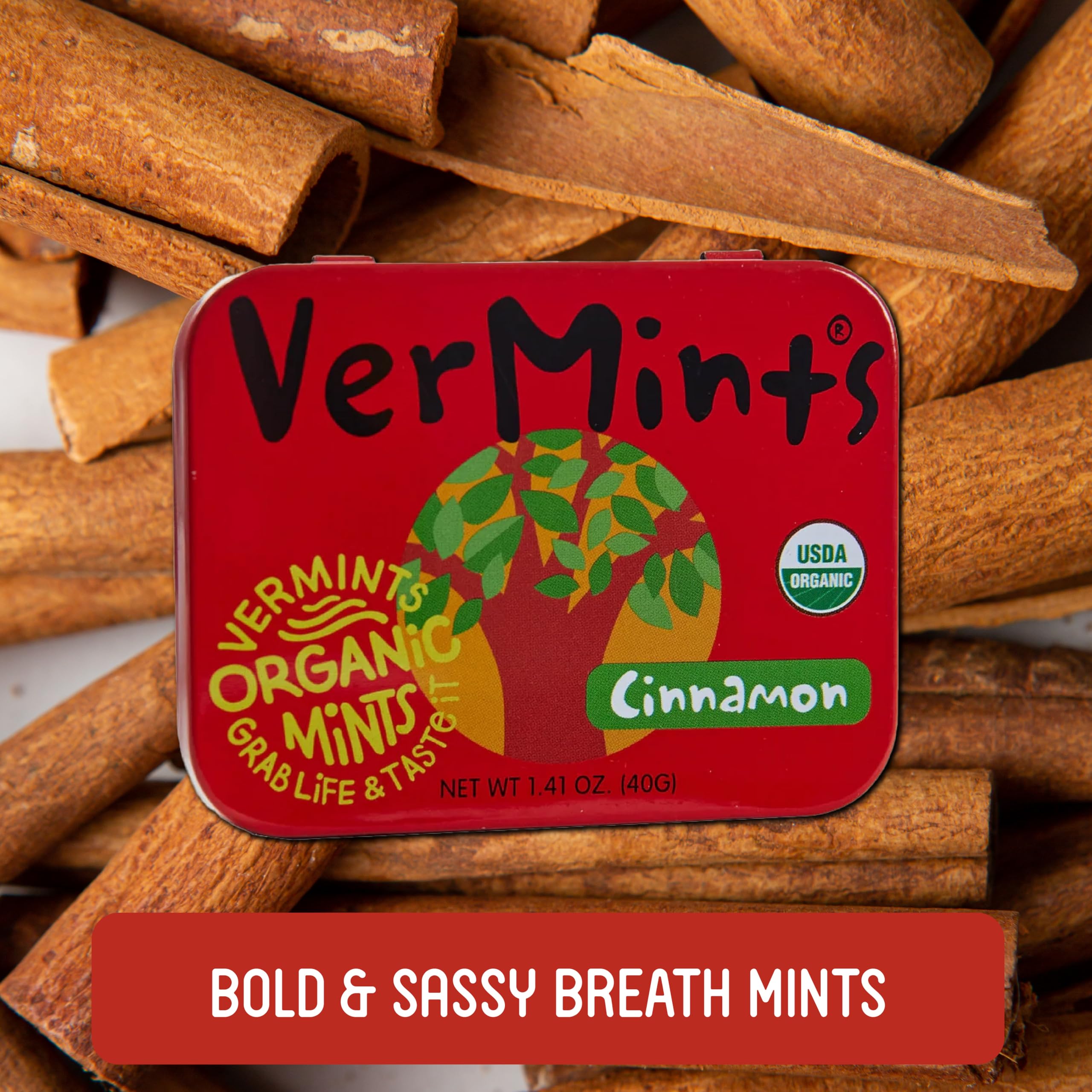 Close-up of VerMints Cinnamon mints showing crisp texture and natural flavor.