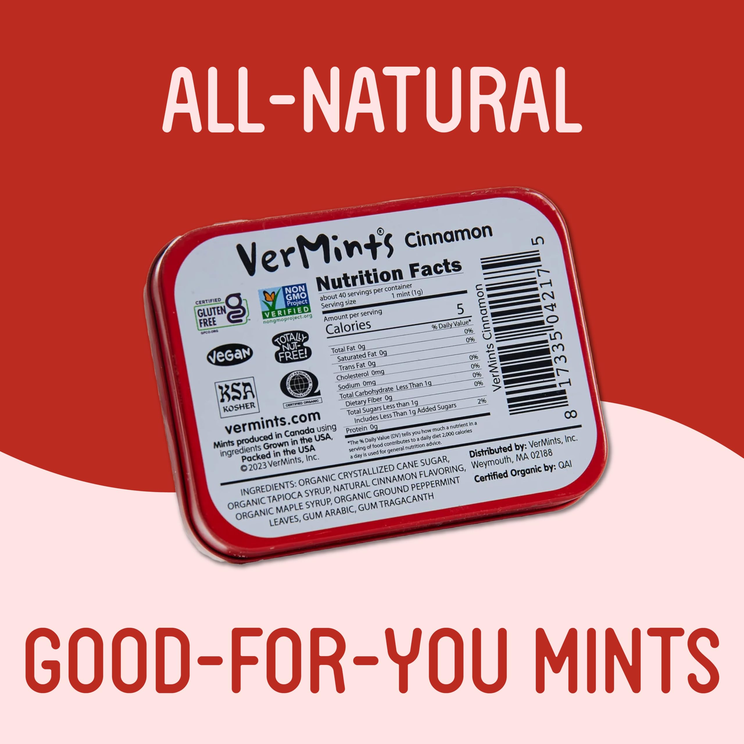 VerMints Cinnamon mints held in hand for a fast breath pick-me-up.