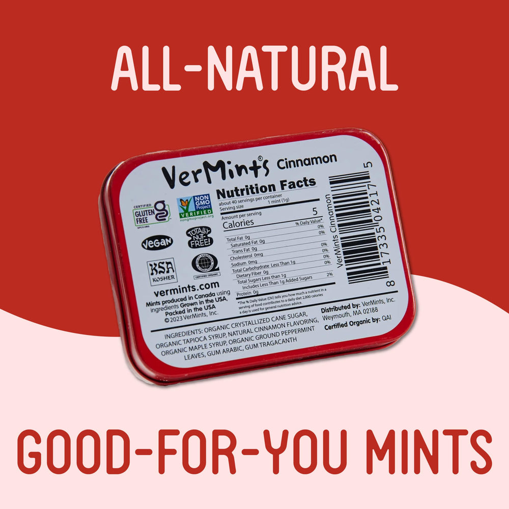 VerMints Cinnamon mints held in hand for a fast breath pick-me-up.