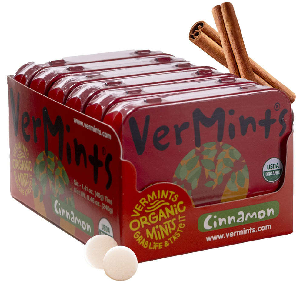 VerMints Cinnamon mints in an open tin for quick on-the-go refreshment.