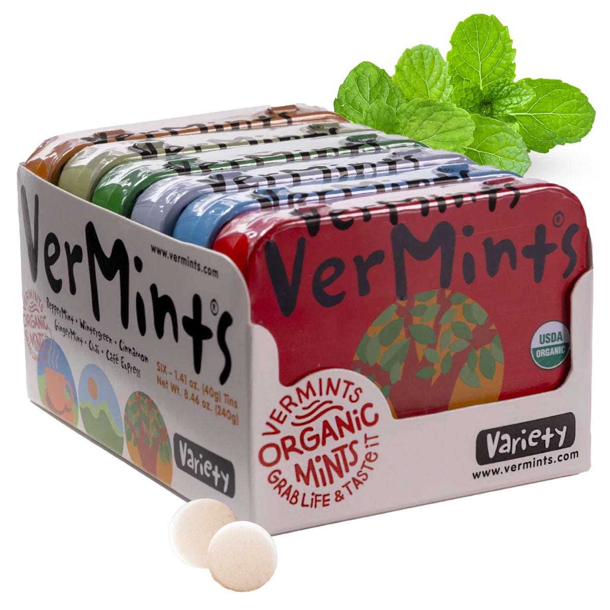 Vermints peppermint breath mints in a compact tin for long-lasting fresh breath.