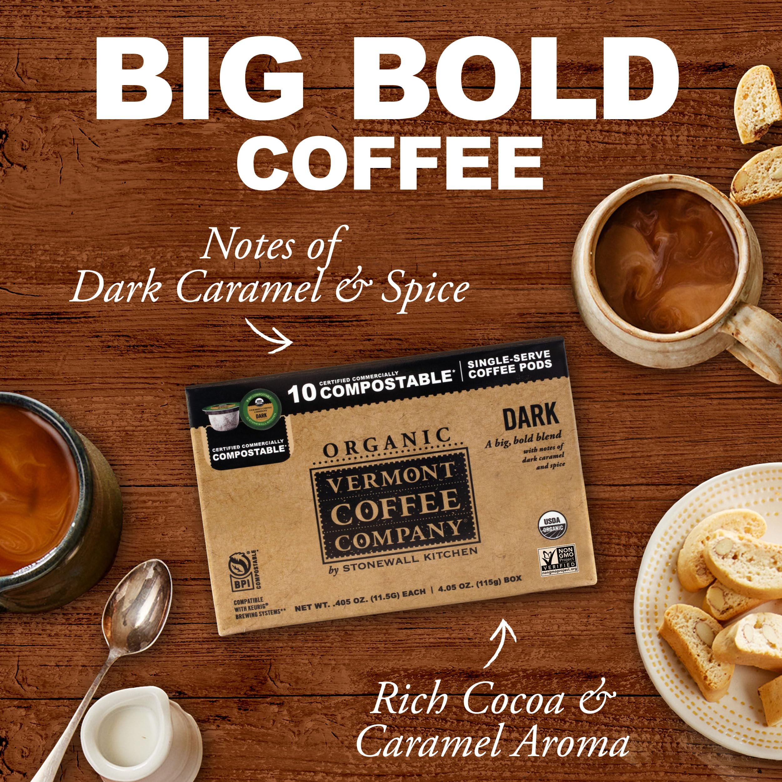 Freshly brewed Vermont dark roast cup from K-Cup pods
