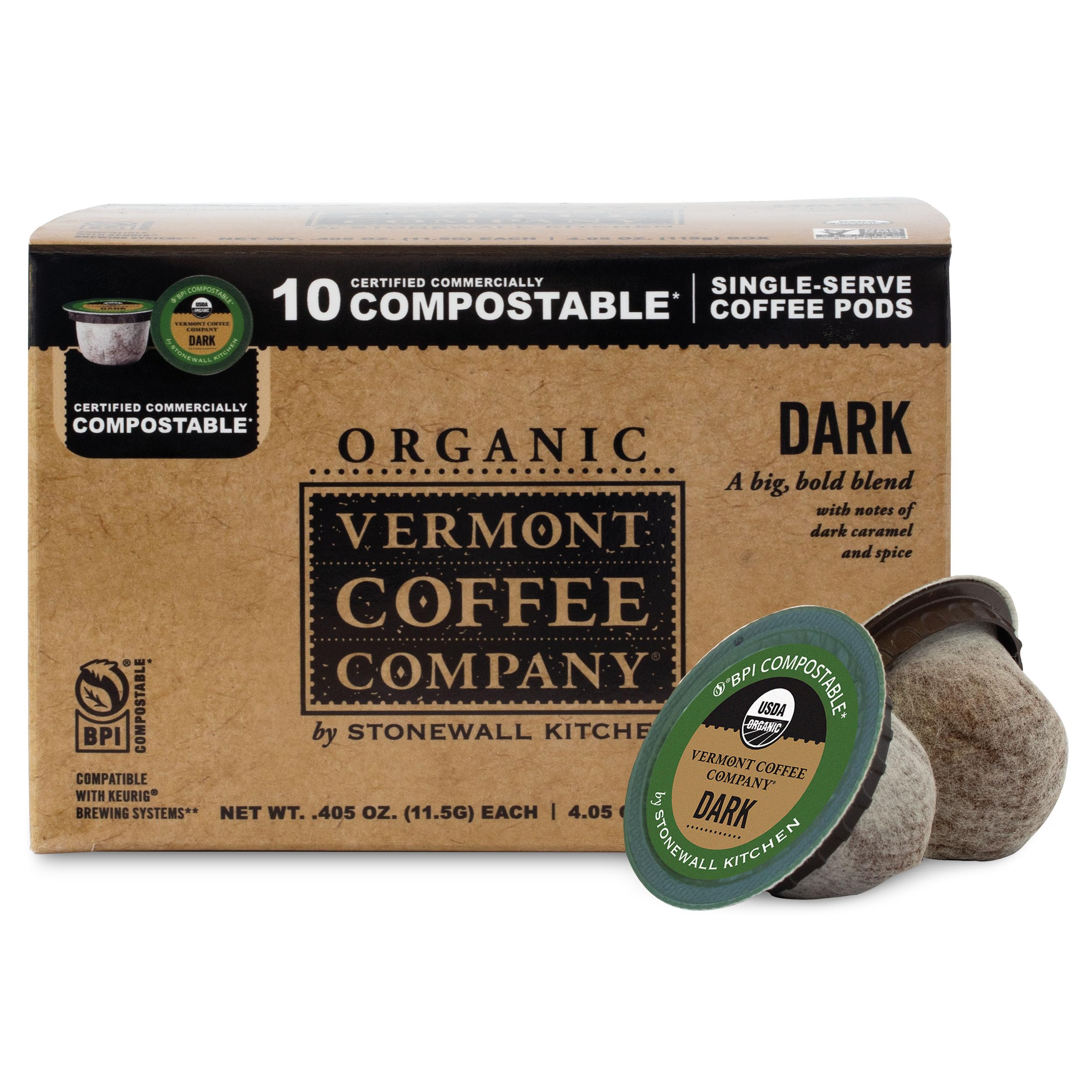 Vermont Coffee Company organic dark roast K-Cup pods on front box for convenient brewing