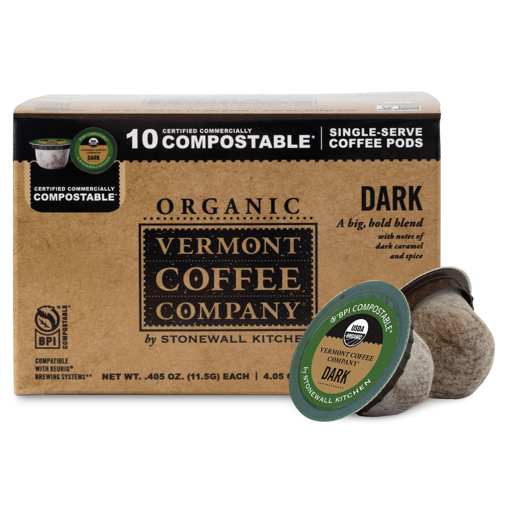 Vermont Coffee Company organic dark roast K-Cup pods on front box for convenient brewing