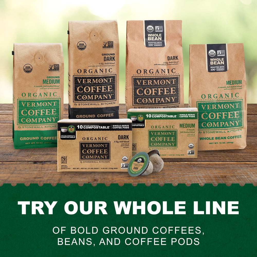Vermont Coffee Company rich brew visuals convey premium café-style experience.