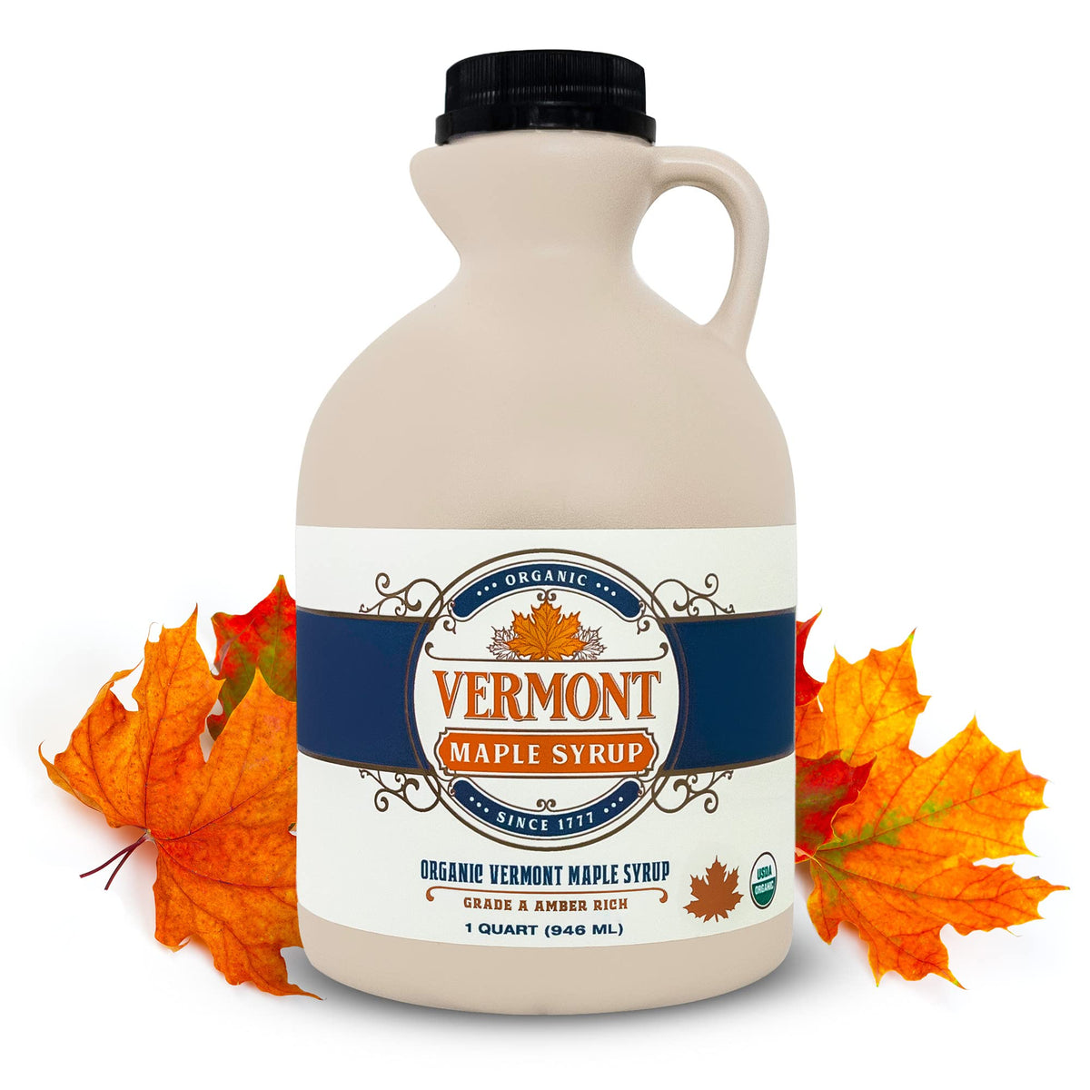 Vermont Maple Syrup Amber Rich Bottle showcases pure, organic sweetness for pancakes