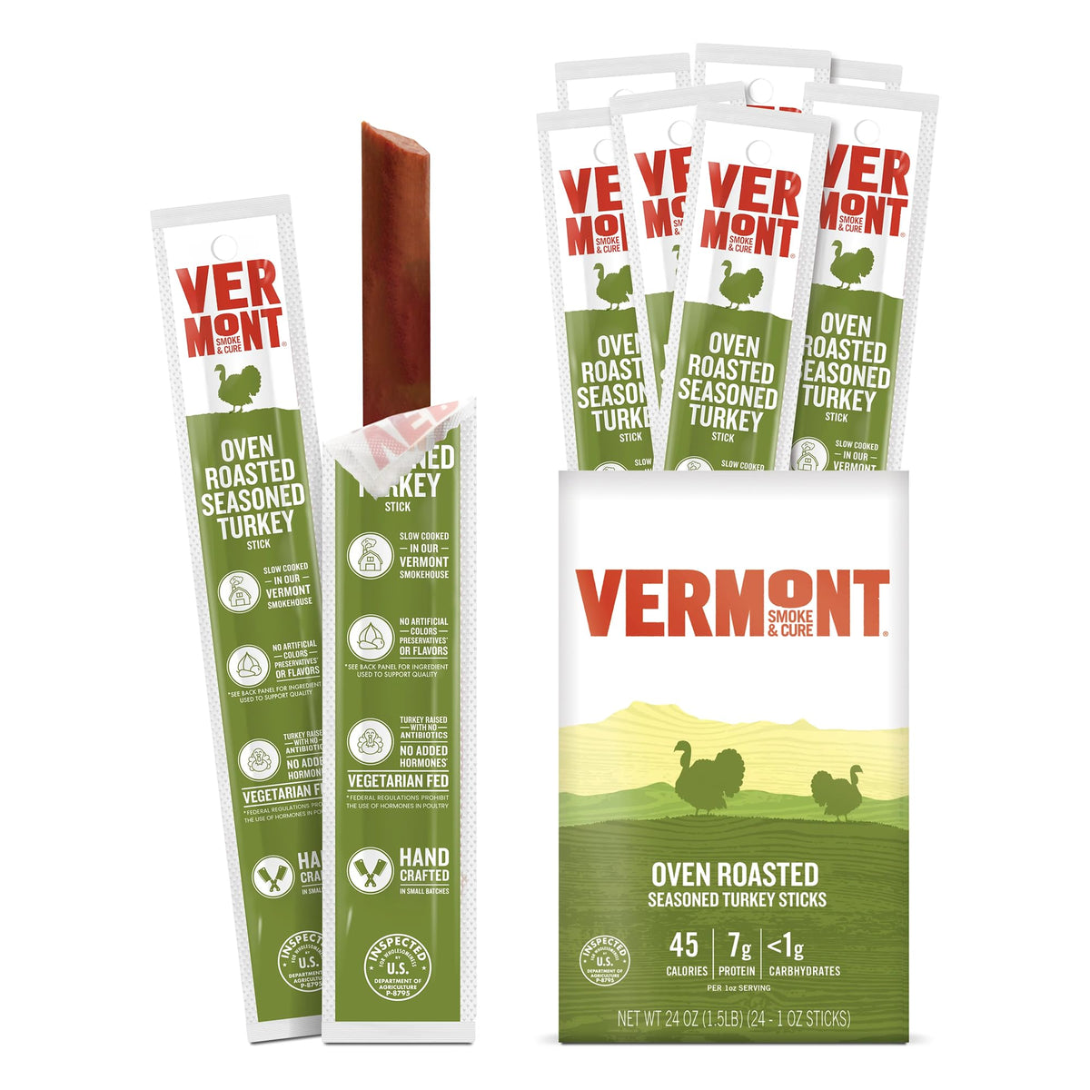 Vermont Smoke and Cure oven roasted turkey sticks packaging for a portable protein snack.