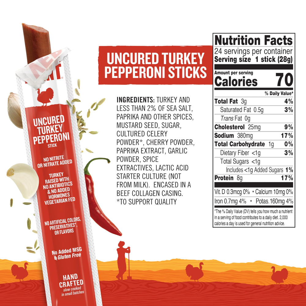Close-up texture of Vermont Smoke & Cure Snack Sticks showing chewy turkey pepperoni bite