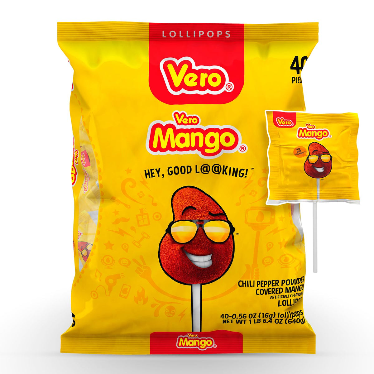 Vero Mango chili-coated lollipop pack highlighting bold mango flavor and spicy coating.
