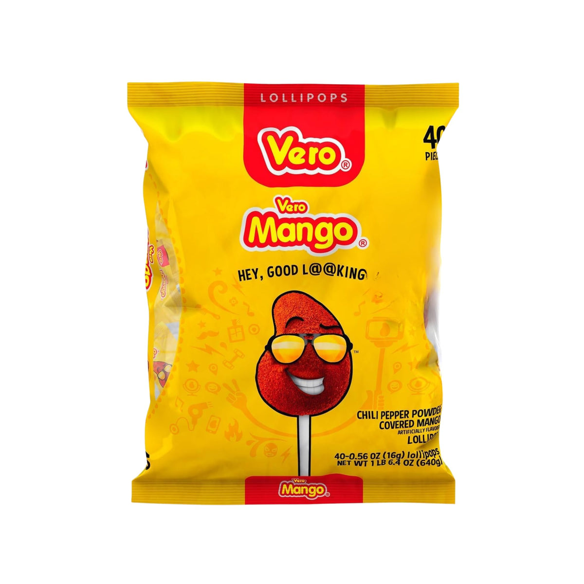Vero Mango lollipop bag with chili powder, a bold spicy-sweet Mexican candy for sharing