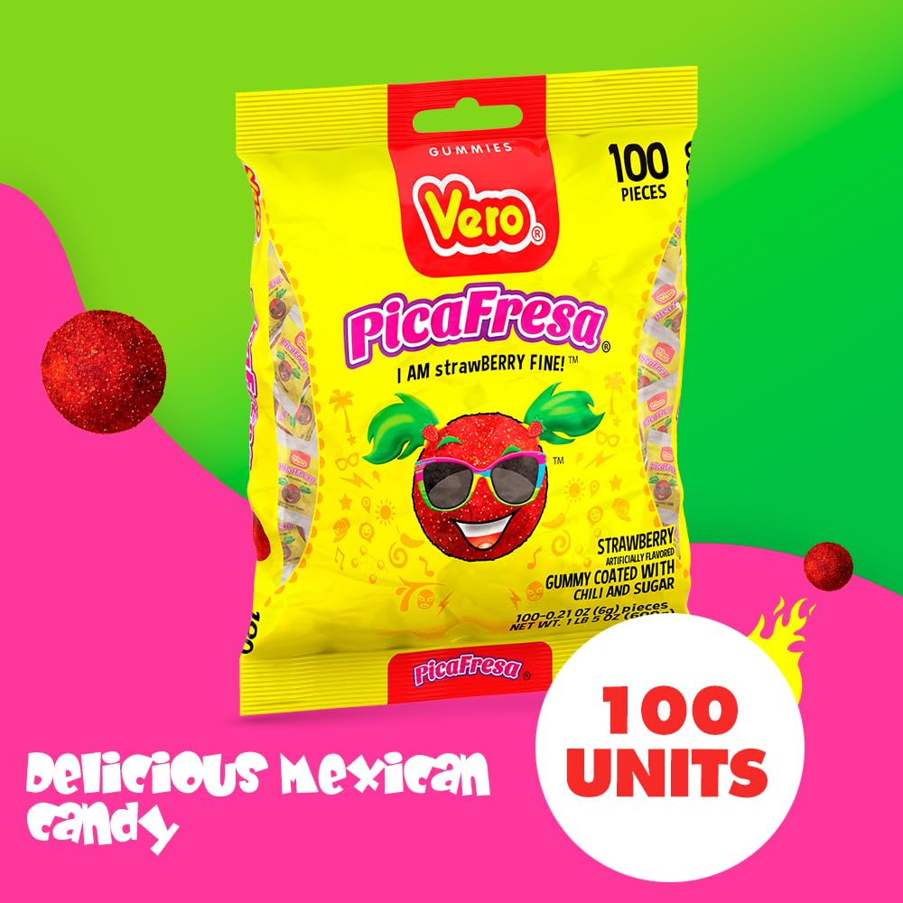 Vero PicaFresa chewy gummies with strawberry aroma and chili finish.