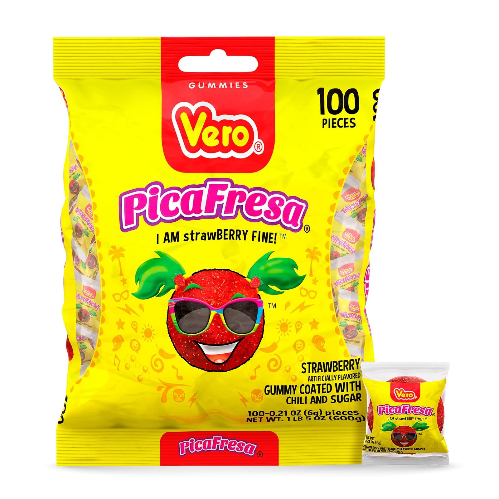 Vero PicaFresa strawberry gummy pack with chili coating for party bites.