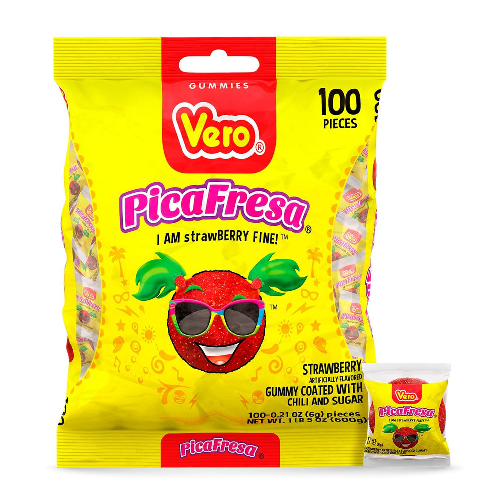 Vero PicaFresa strawberry gummy pack with chili coating for party bites.