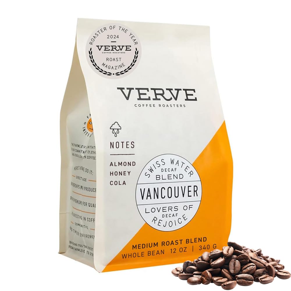 Verve decaf whole bean bag front emphasizes freshness for home brewing.