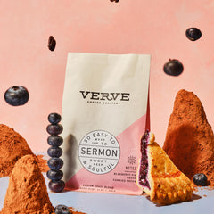 Verve Sermon Blend cocoa candied pecan aroma closeup; chocolatey depth enhances espresso.