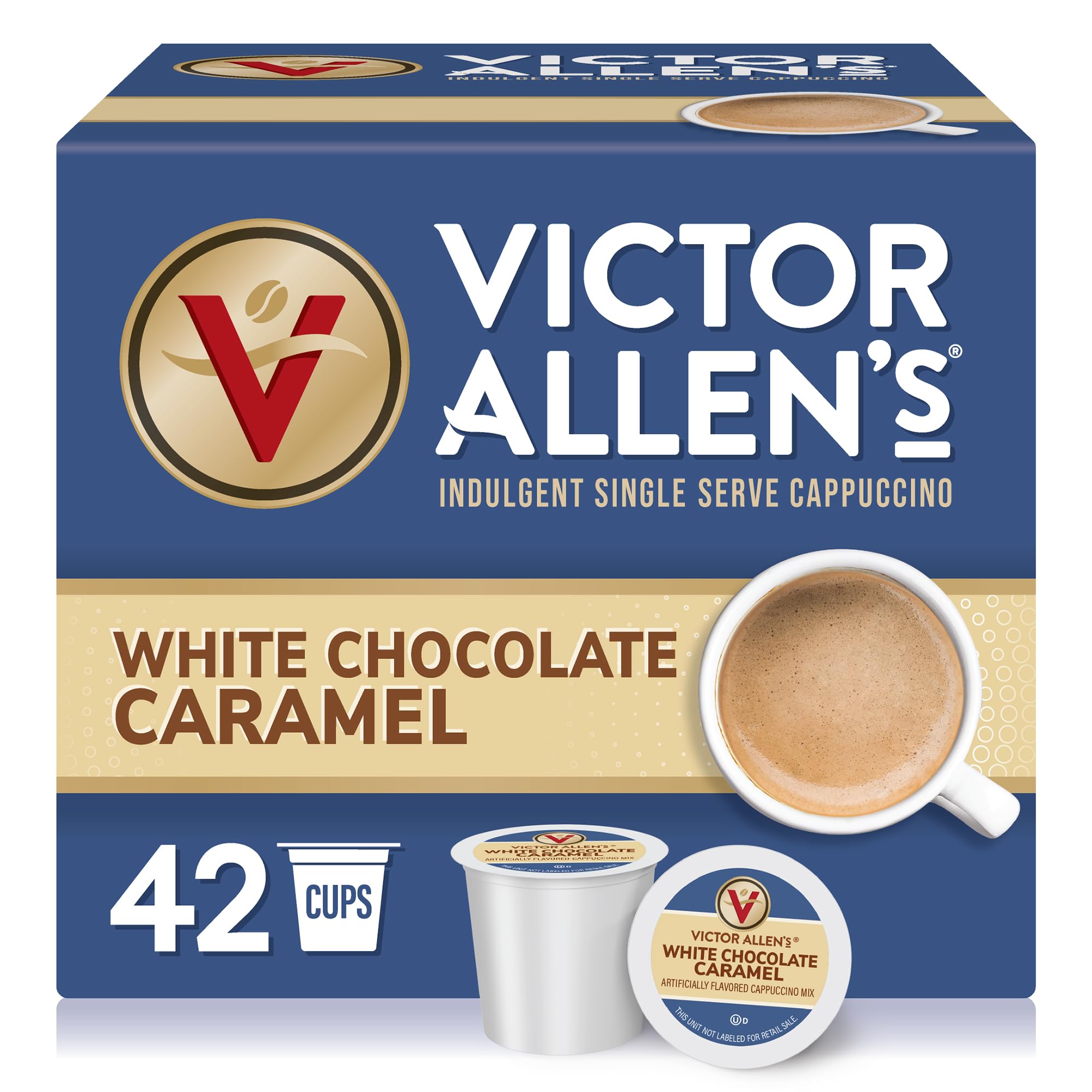 Victor Allen's Coffee white chocolate caramel cappuccino packaging highlights a convenient single-serve option