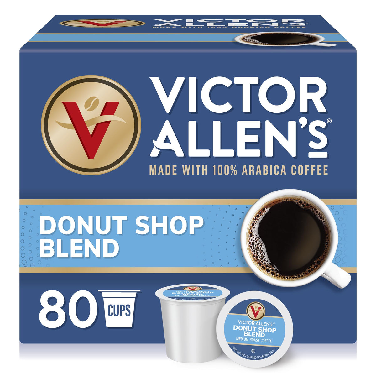 Victor Allen's Donut Shop Blend box with 80 pods, ideal for daily Keurig brews.