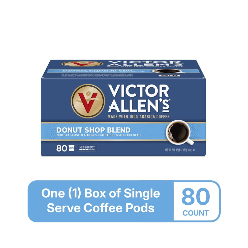 Box and mug of Victor Allen's Donut Shop Blend for quick mornings.
