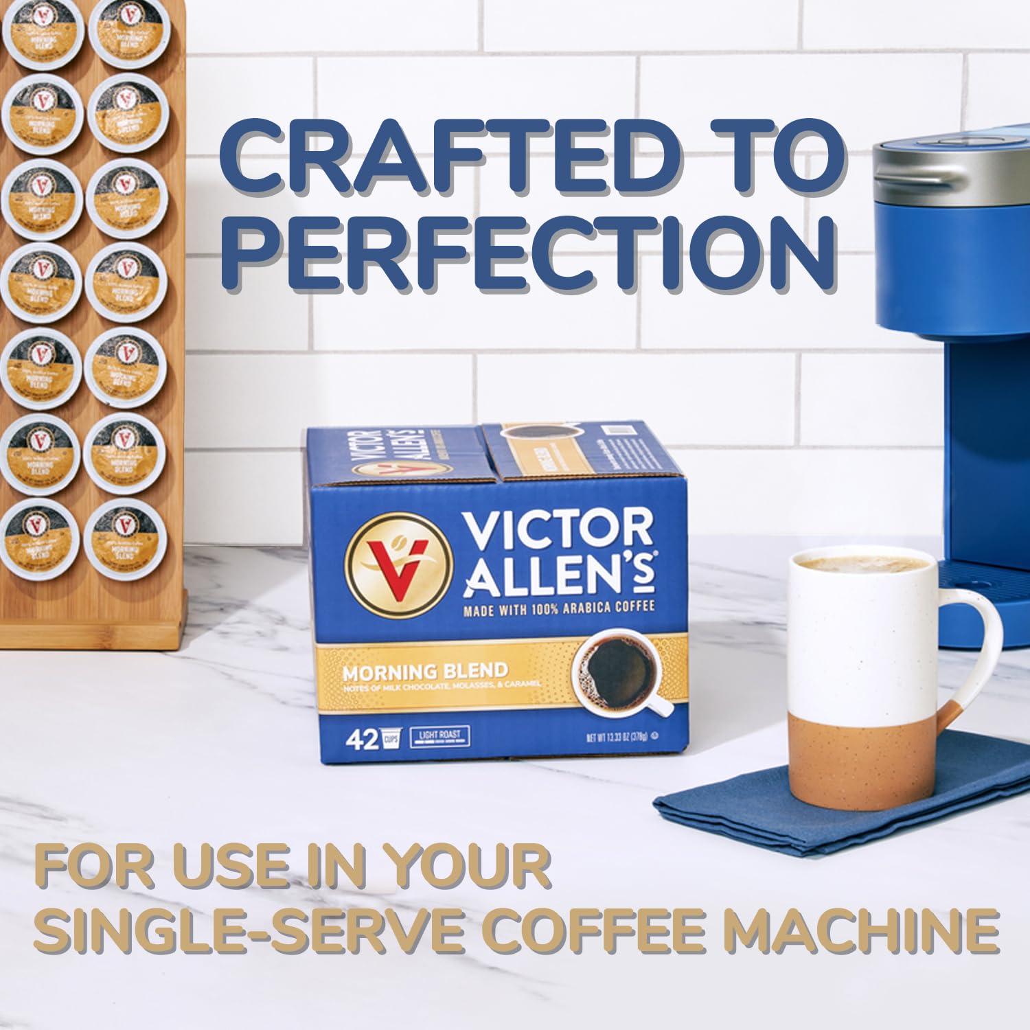 Victor Allen's Across America 96-count box shows Keurig-ready pods for easy variety at home or office