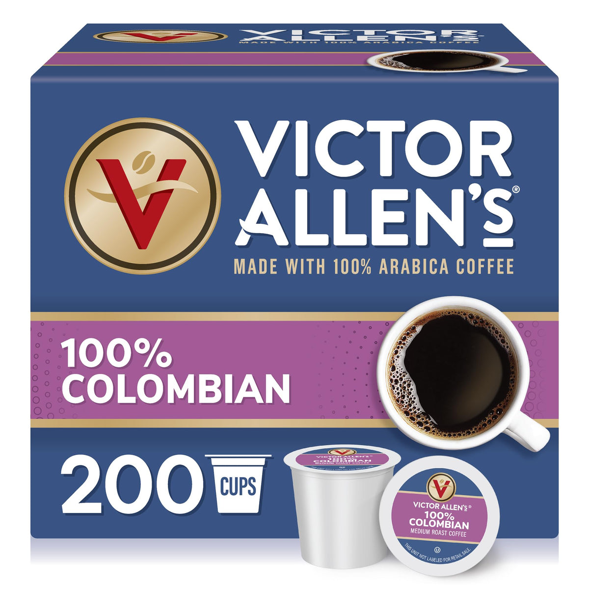 Victor Allen's Coffee 100% Colombian pods in box front view for quick brewing.