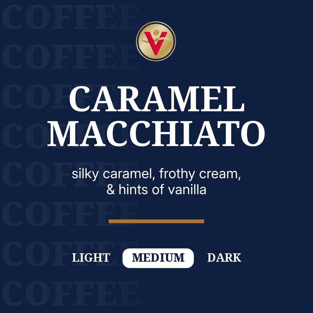 Close-up of Caramel Macchiato pods showing smooth flavor and premium packaging