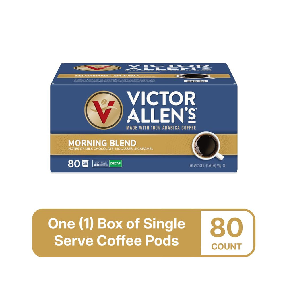 Brand label on Victor Allen's Decaf Morning Blend bottle-back view with certifications.