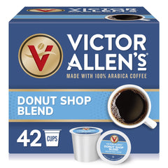 Victor Allen's Donut Shop Blend pods box for quick mornings.