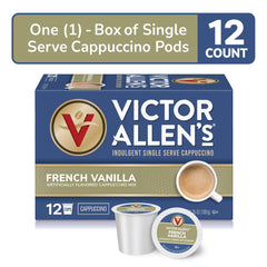 Steaming cup of Victor Allen's French Vanilla Cappuccino in a cozy moment.